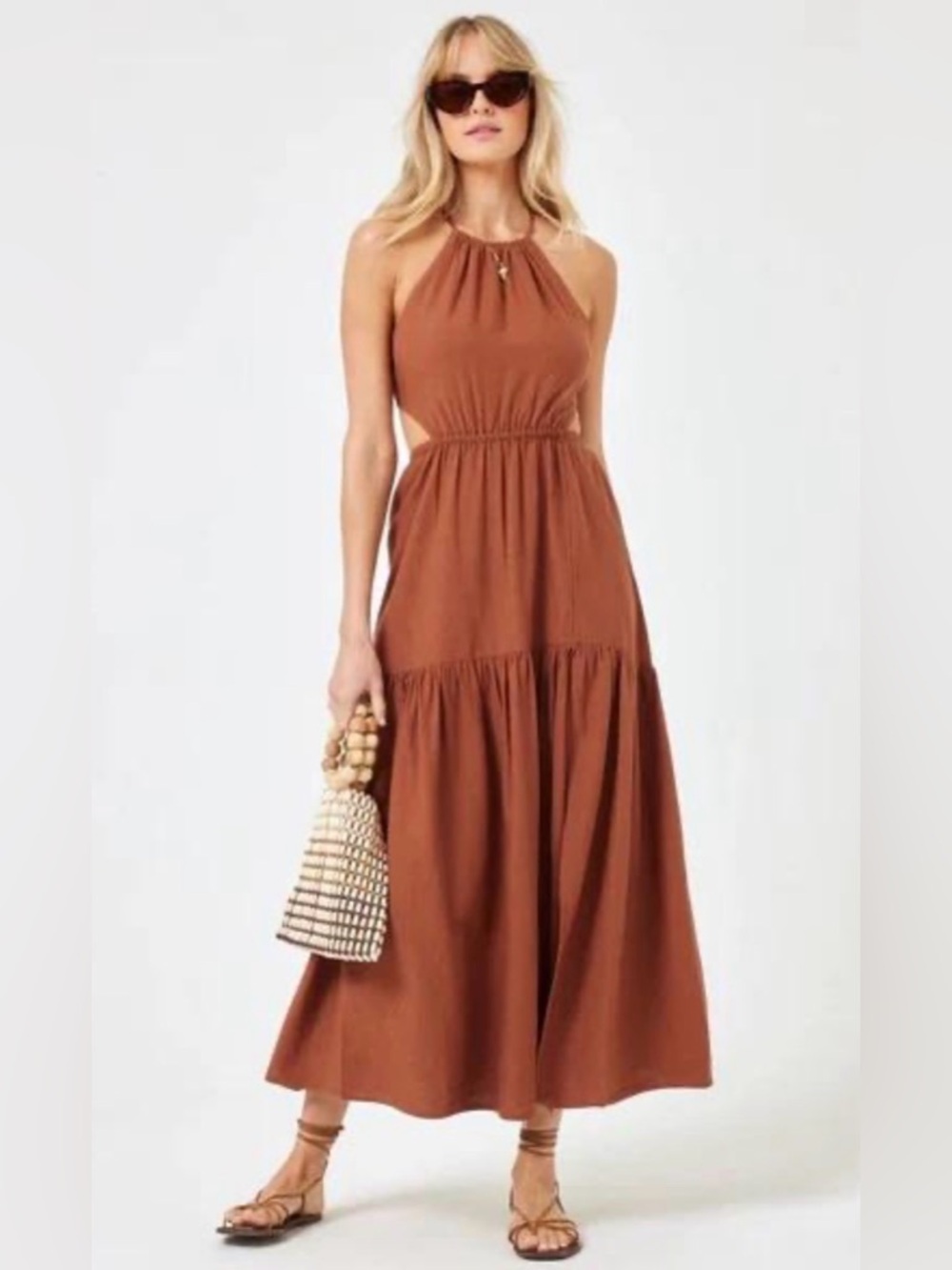 L*Space Jaide Dress Halter Tiered Maxi Sundress Coffee Brown Size M